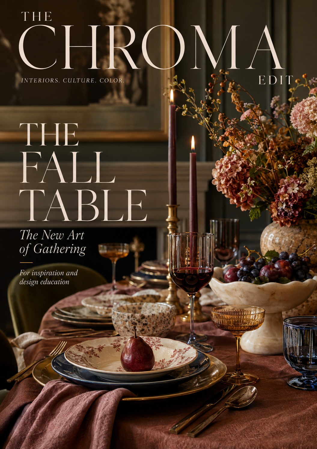 The Chroma Edit Fall Table 2026 cover with layered autumn dinnerware, candlelight, colored glass and seasonal flowers