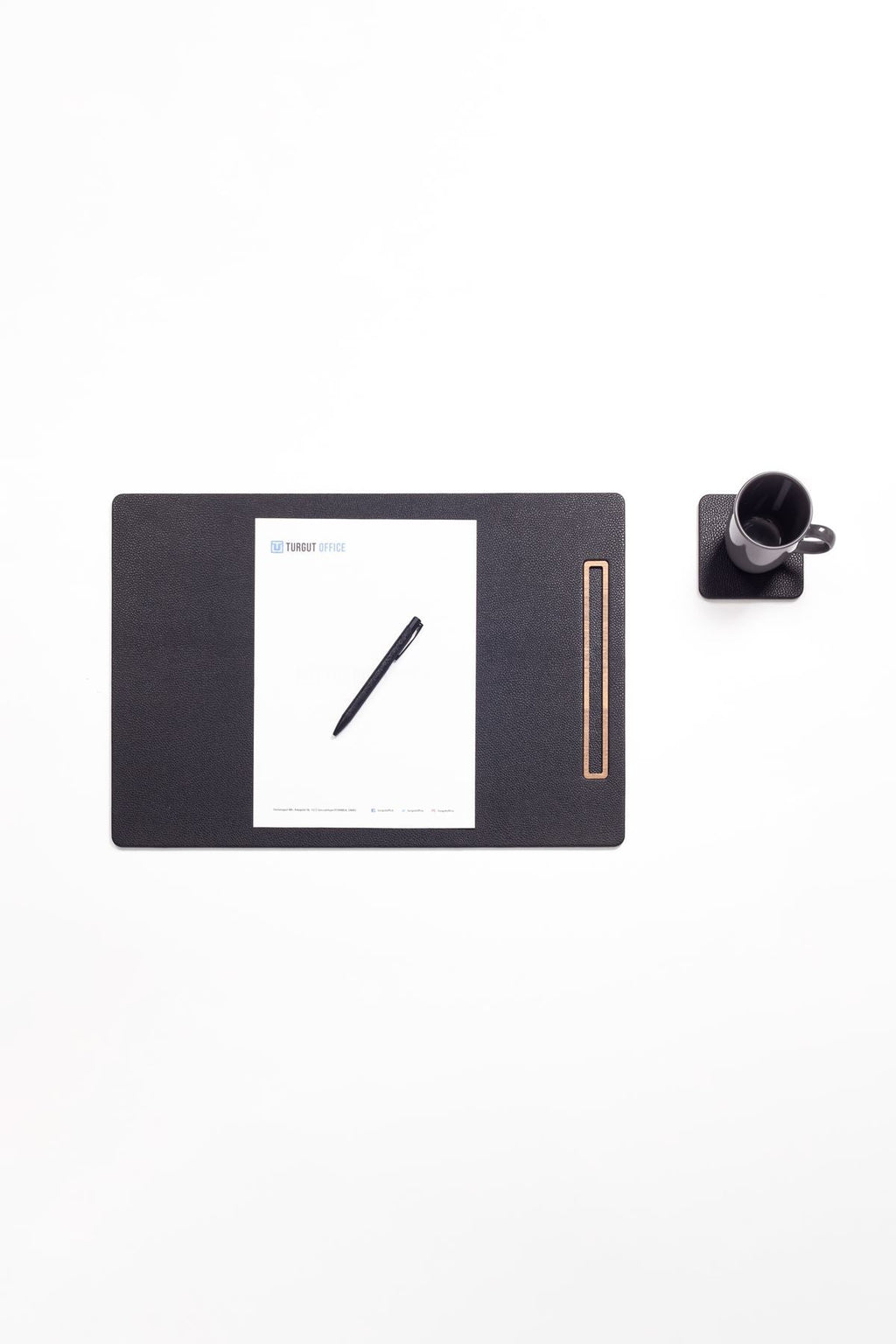Leather Meeting Desk Black Vertical Wooden Detail 49x34cm