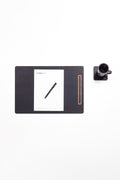 Leather Meeting Desk Black Vertical Wooden Detail 49x34cm