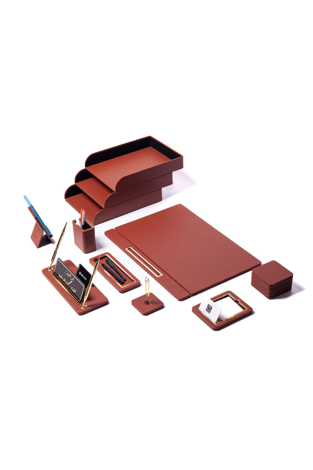 Capella Leather Desk Set — Tan & Gold, 11 Pieces
