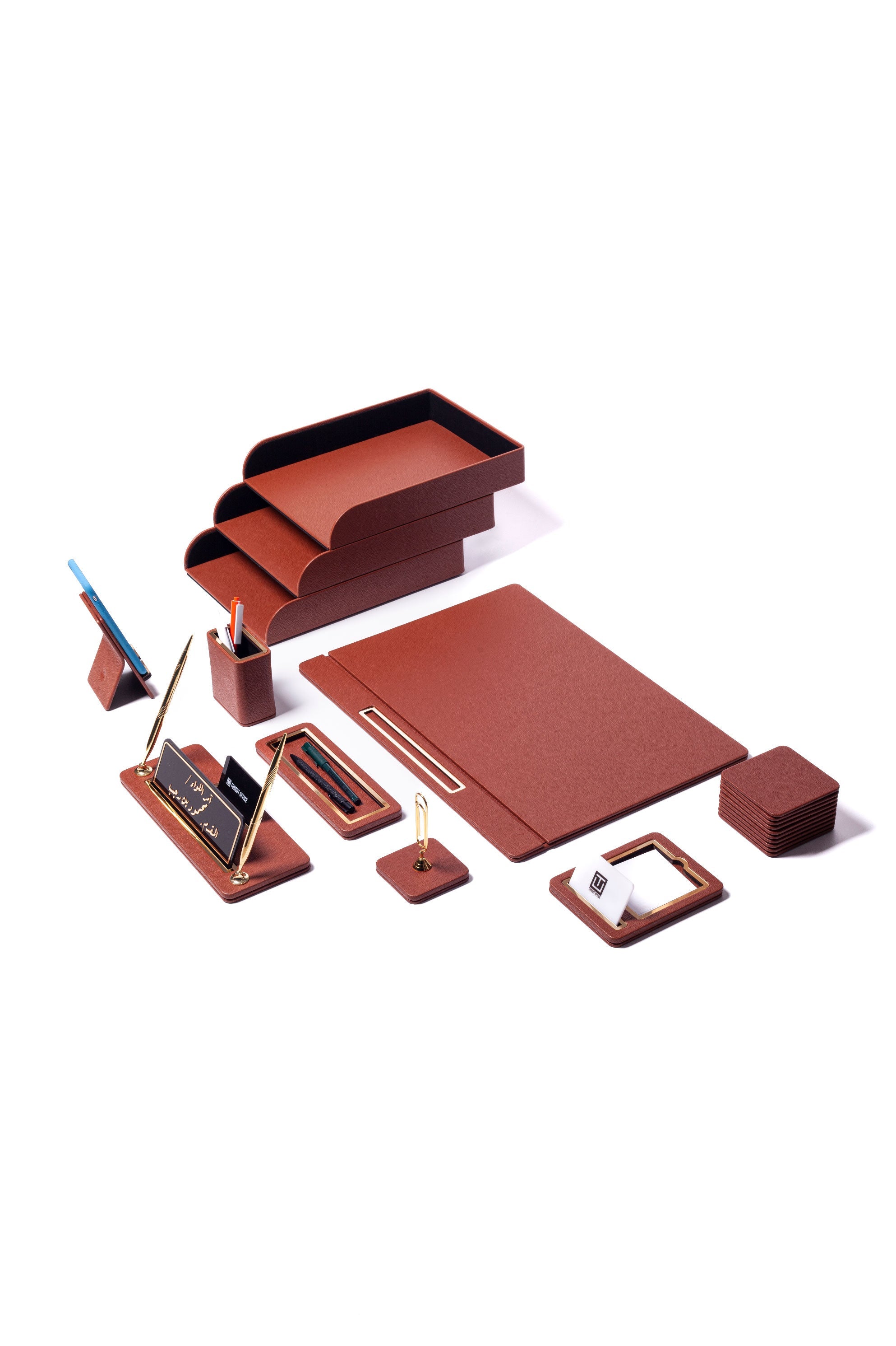 Capella Leather Desk Set — Tan & Gold, 11 Pieces