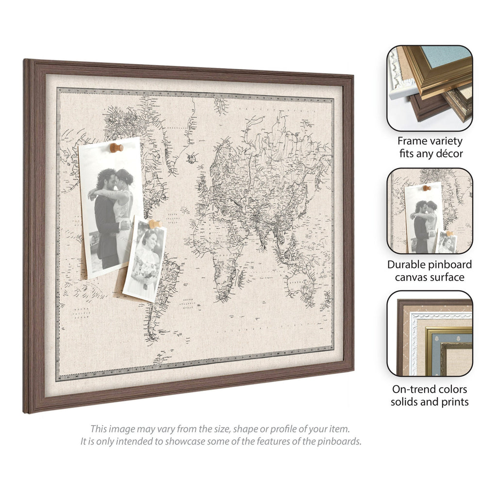 Framed Fabric Pinboard Vintage Black and White Linen World Map Wall Organization