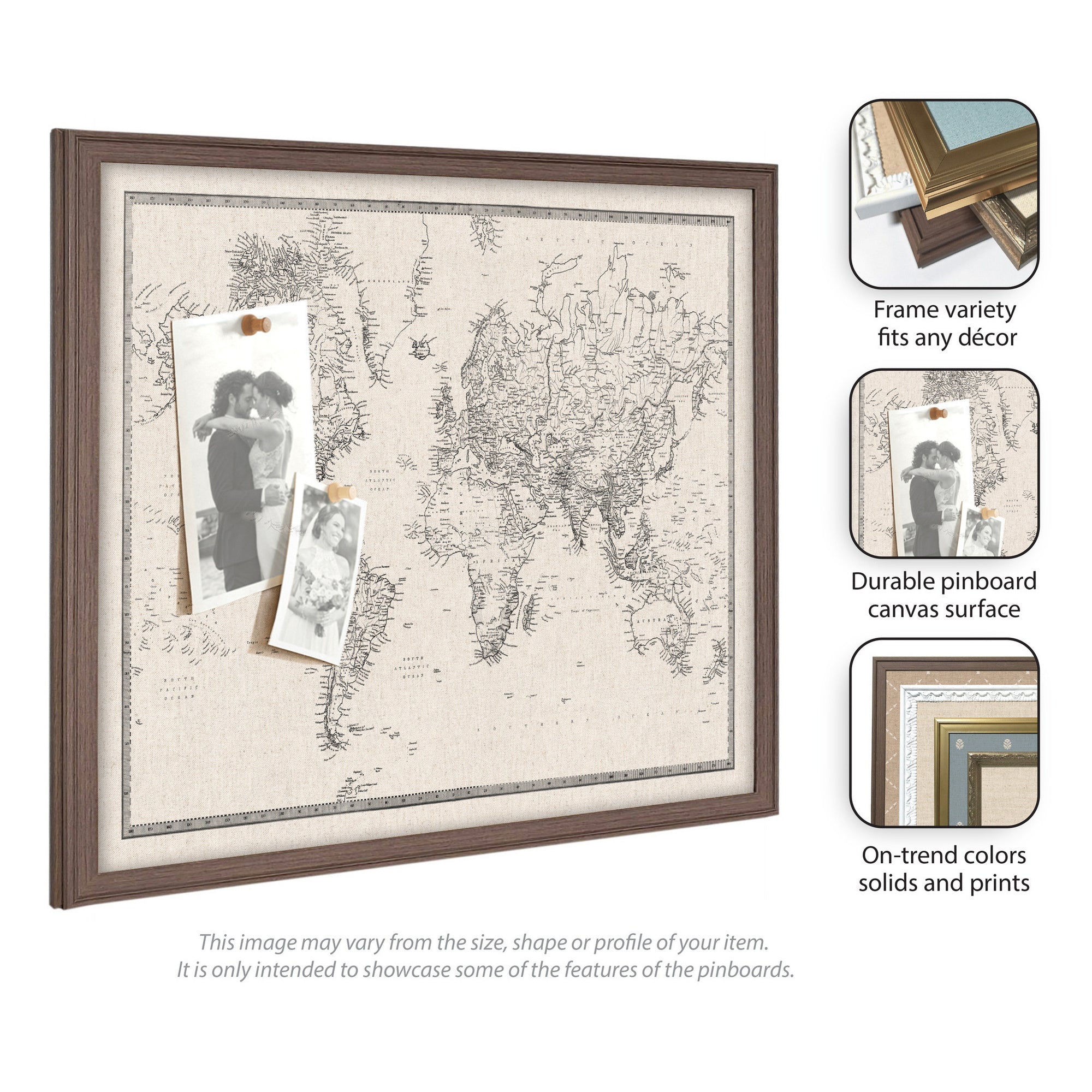 Framed Fabric Pinboard Vintage Black and White Linen World Map Wall Organization