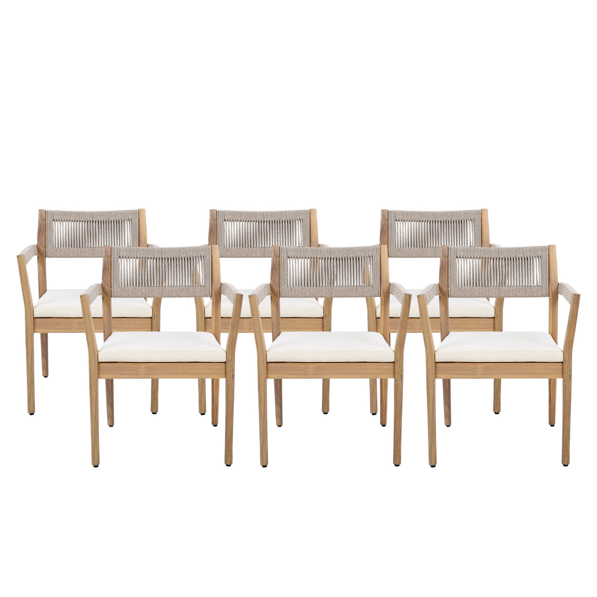 Braided Acacia Wood Outdoor Dining Chairs Set of 4 – Teak Look with Beige Rope & Cream Cushions