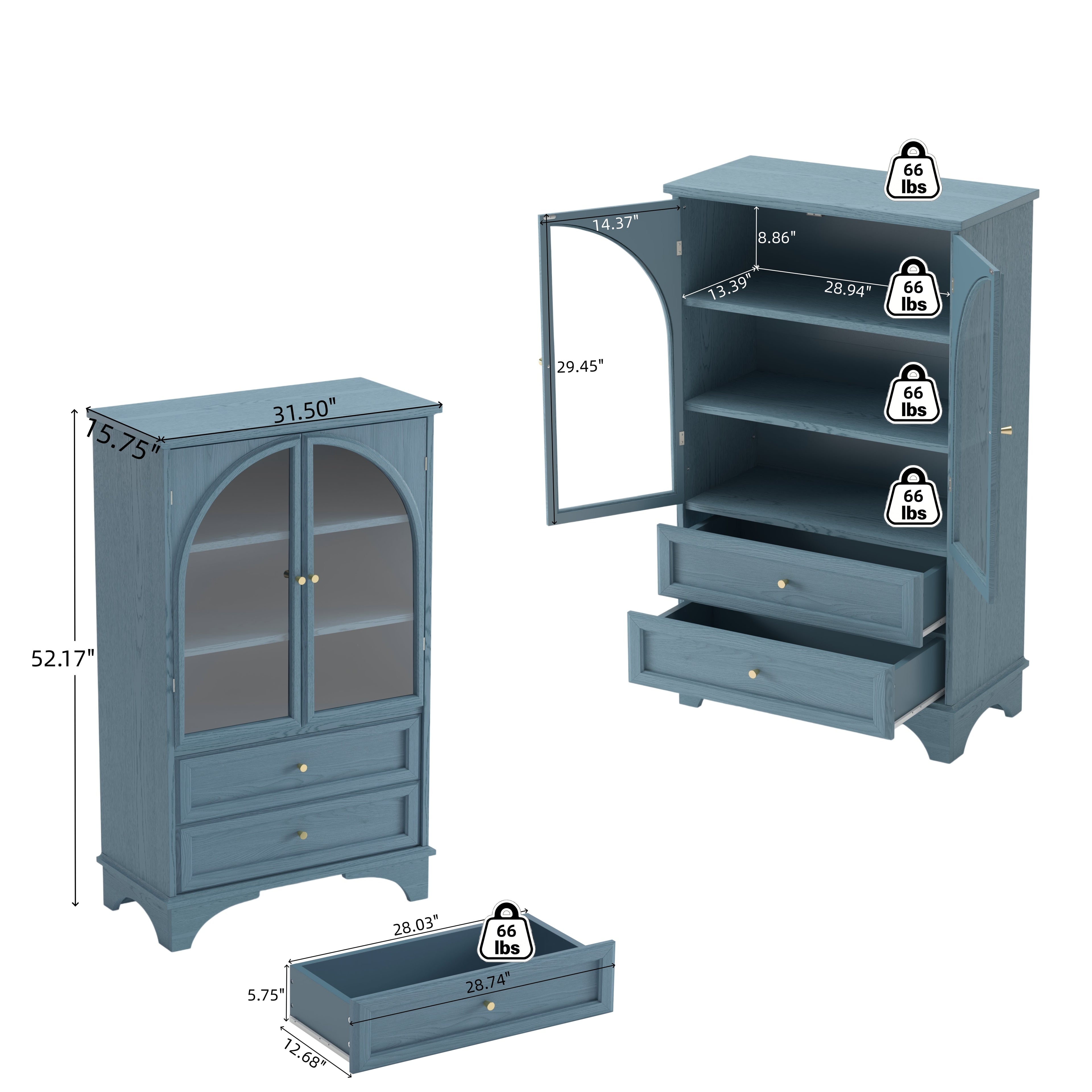52.17"H Glass Door Display Case Storage Cabinet with 2 Drawers and Adjustable Shelf