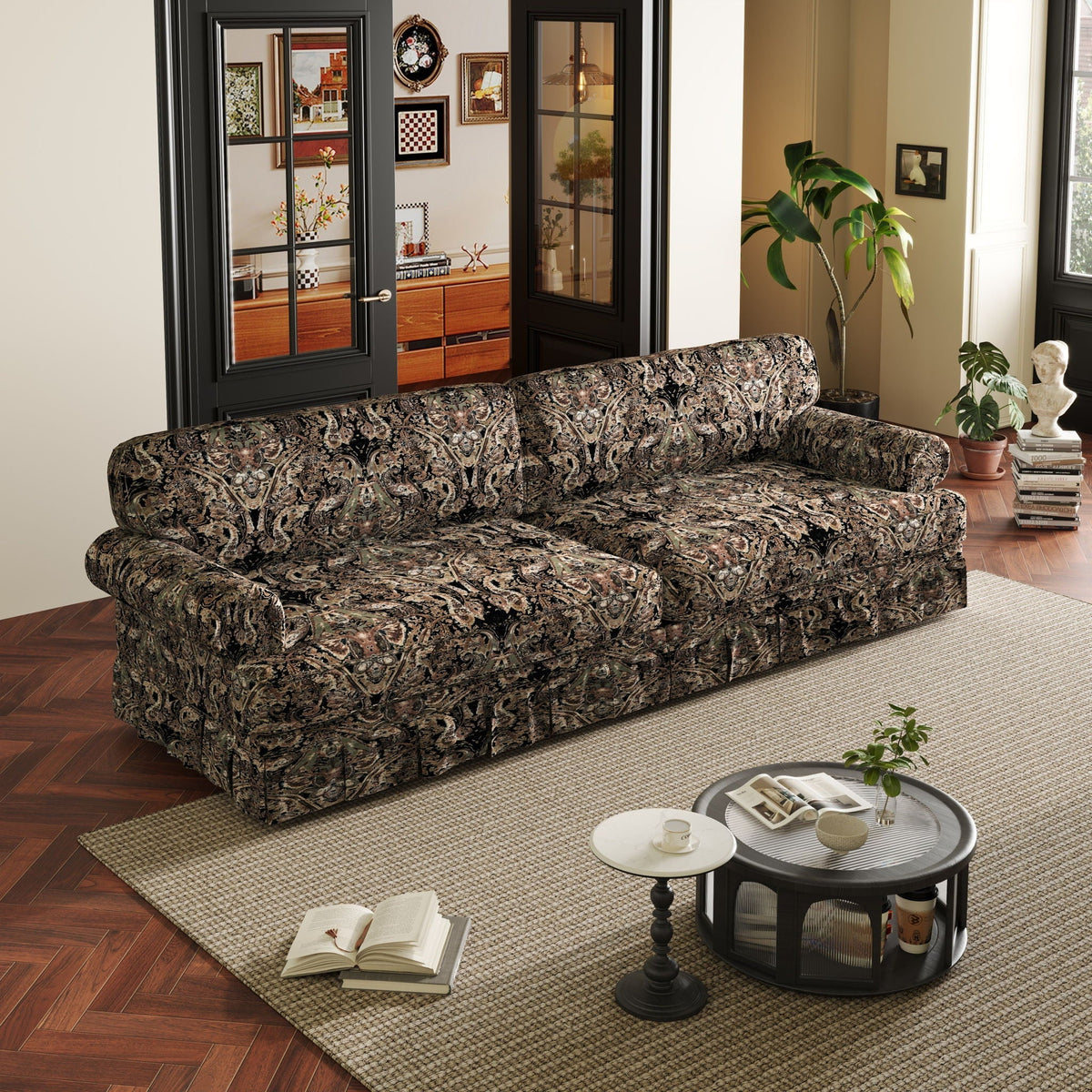 Rolled-Arm Cloud Sofa with Pleated Skirt