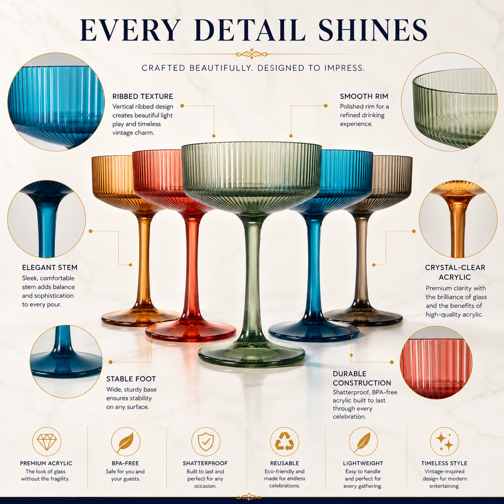 Eze Acrylic Ribbed Champagne Coupe, Cocktail Glassware, Set of 6
