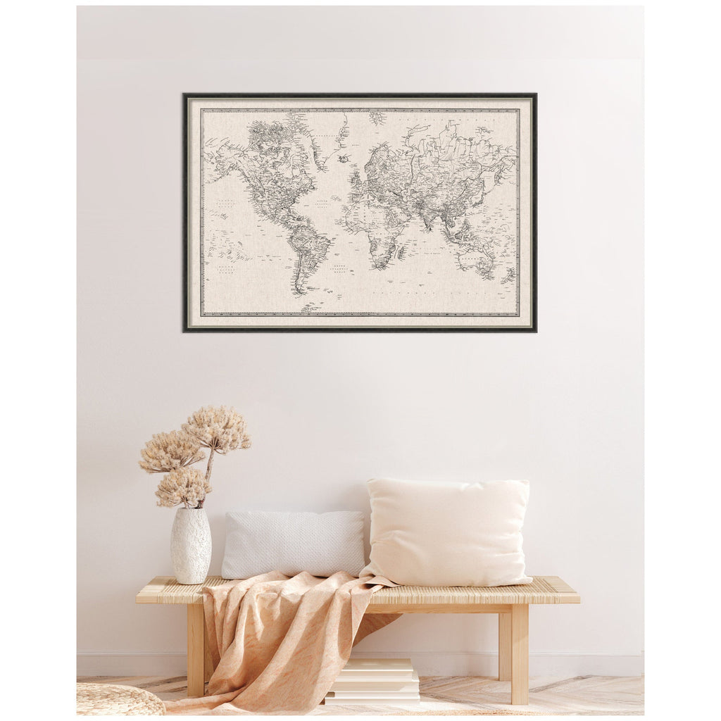 Framed Fabric Pinboard Vintage Black and White Linen World Map Wall Organization