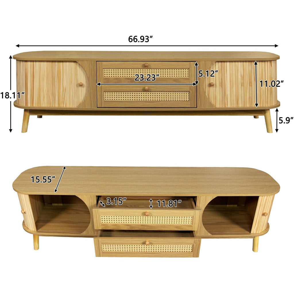 Rattan TV Stand For Tvs Up To 75'', Modern Farmhouse Media Console, Entertainment Center With Legs, TV Cabinet For Living Room, Home Theatre - Natural Wood