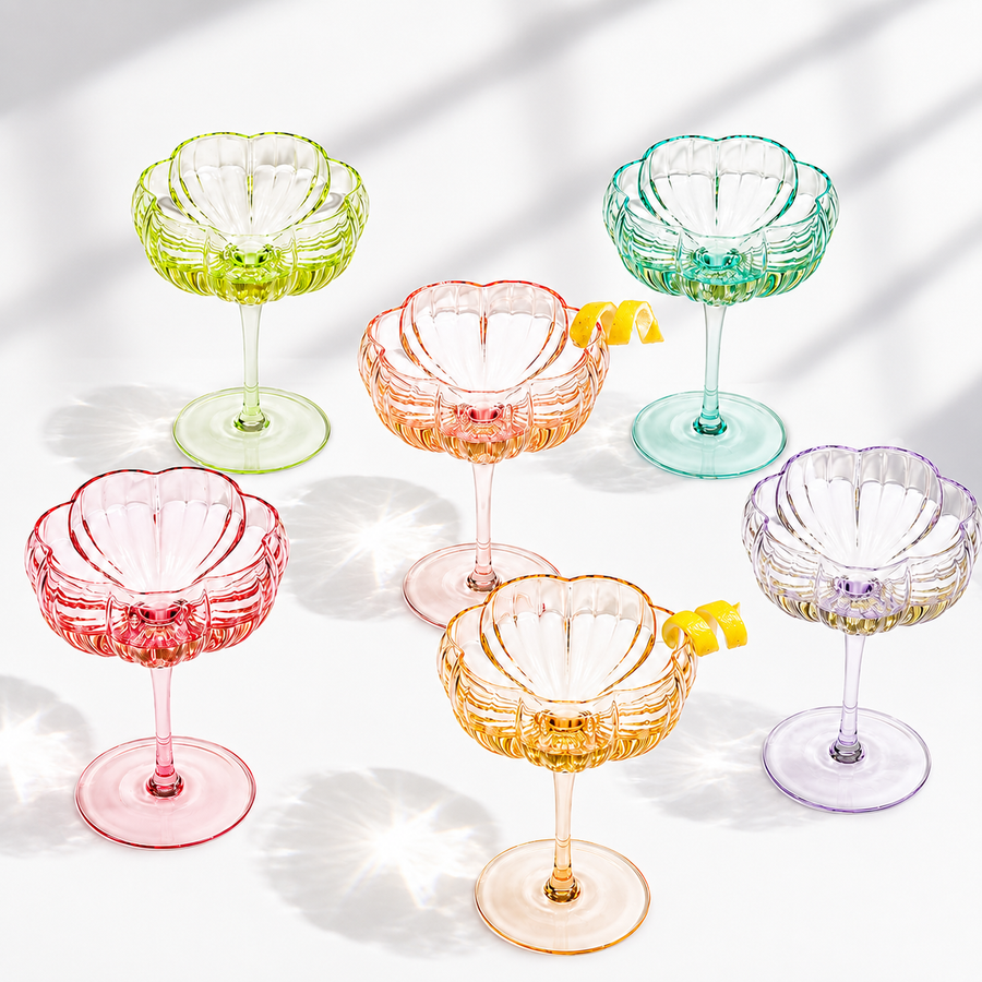 Flower Wave Coupe Glasses — Bright Mix, Set of 6