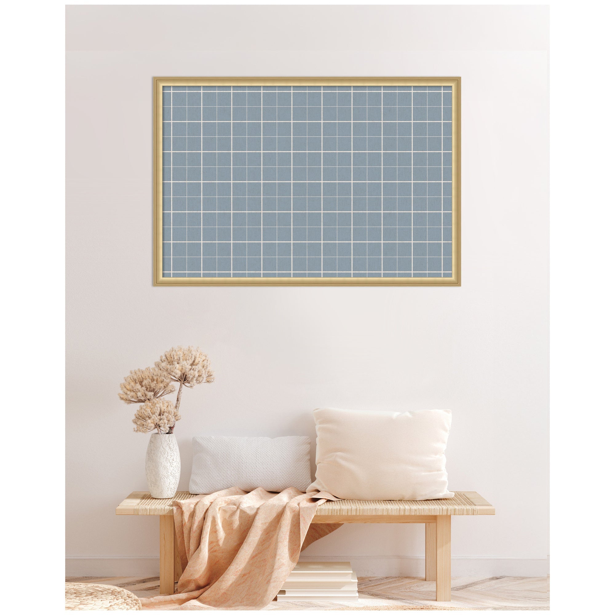 Framed Fabric Pinboard Light Blue Plaid Wall Organization