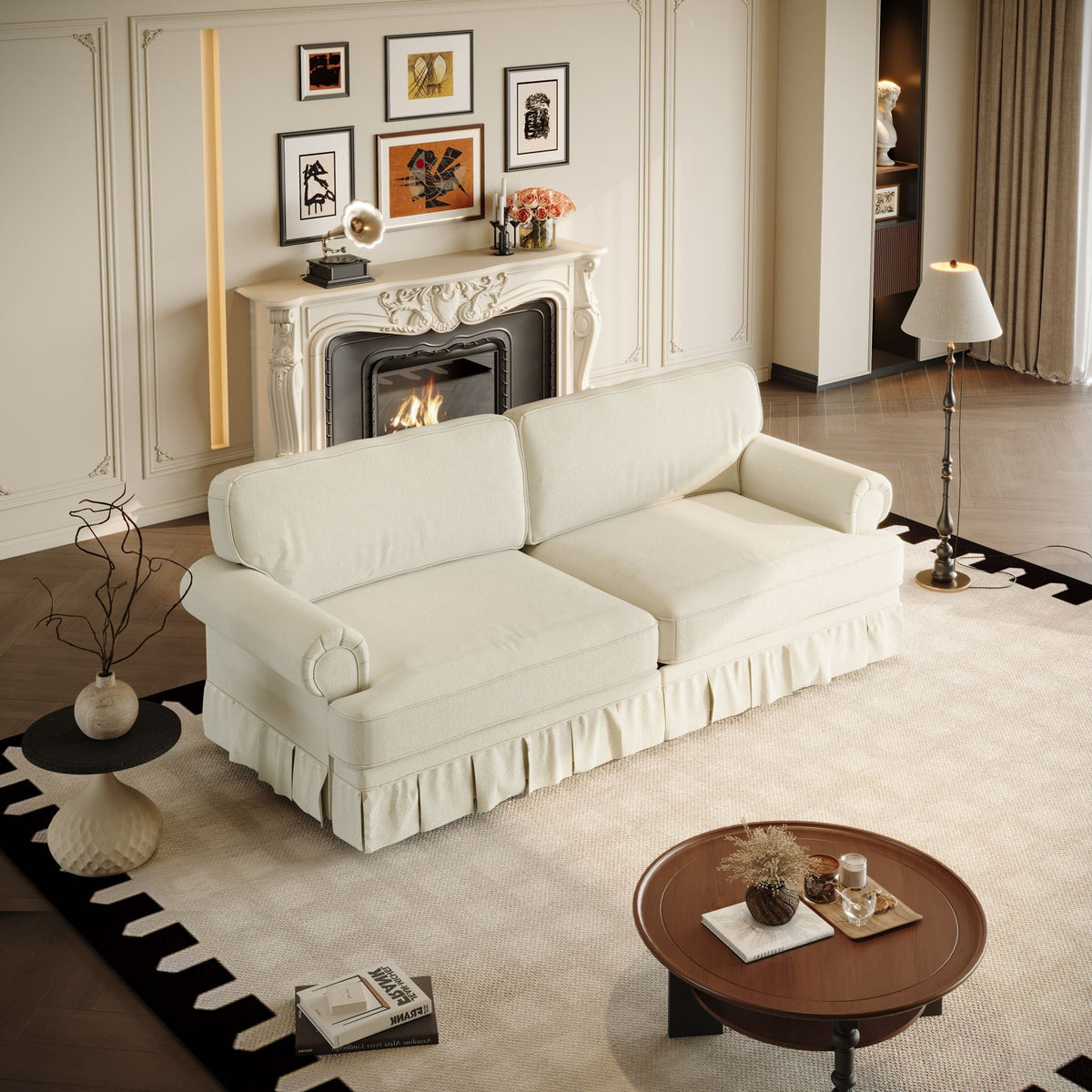 Rolled-Arm Cloud Sofa with Pleated Skirt