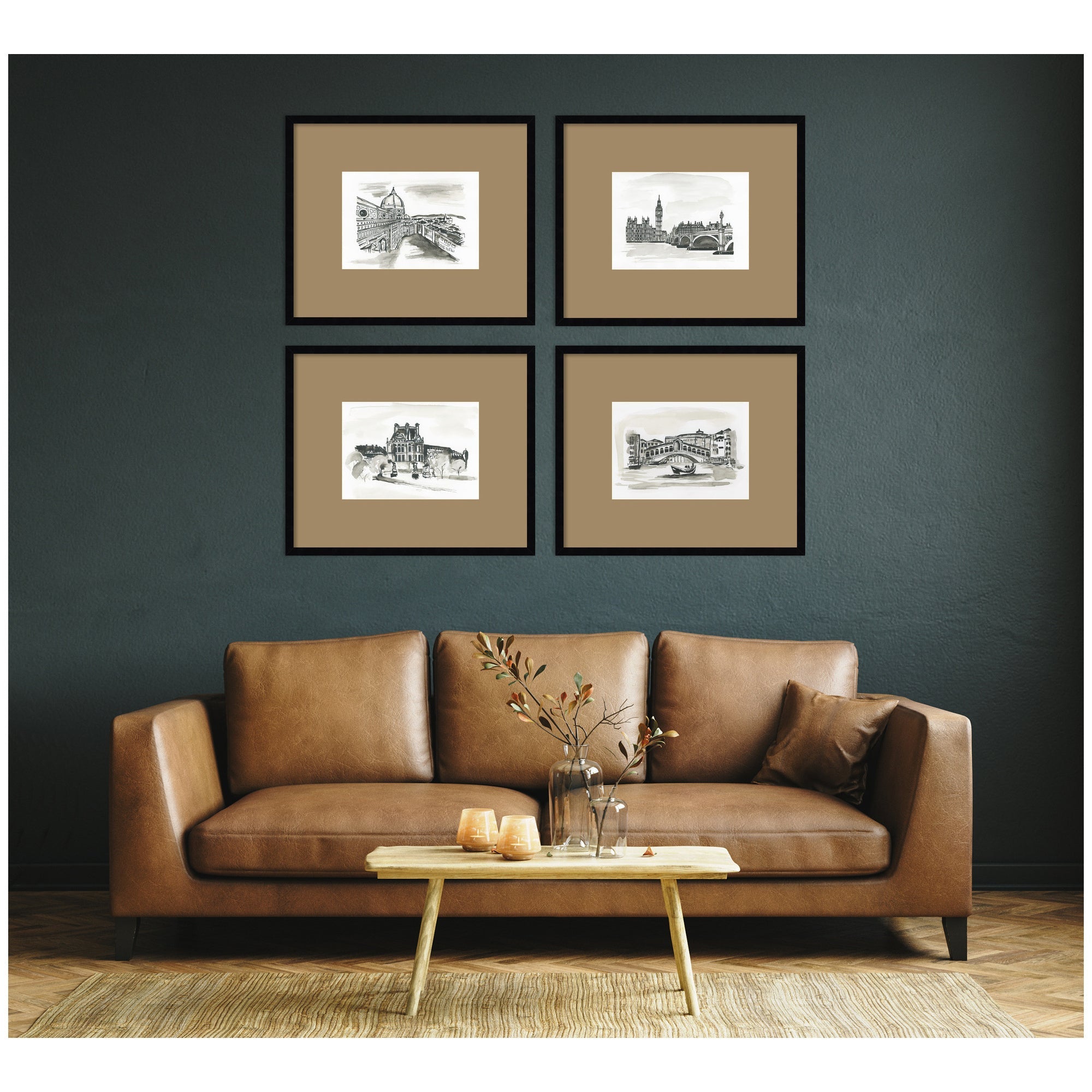 Vintage Europe with Brown Mat — 4-Piece Framed Art Set