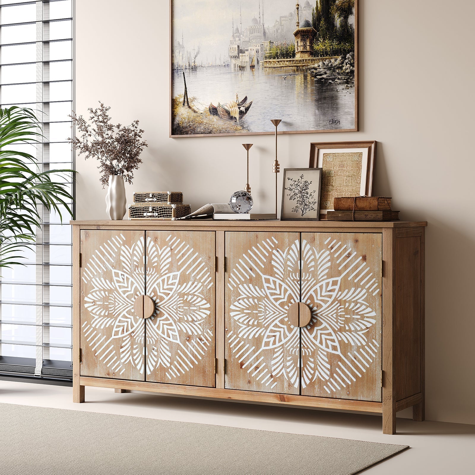 60" Wood Accent Cabinet with 4 Doors Brown and Antique White
