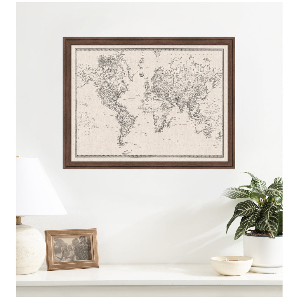 Framed Fabric Pinboard Vintage Black and White Linen World Map Wall Organization