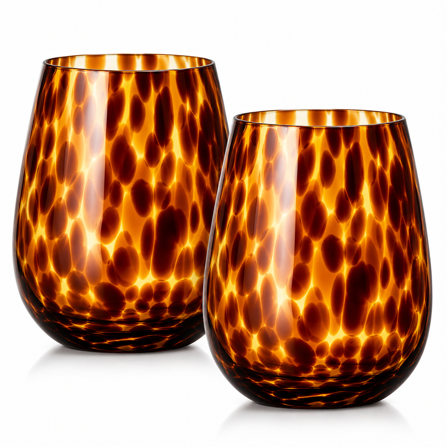 Leopard Amber Stemless Wine Glasses — Set of 2