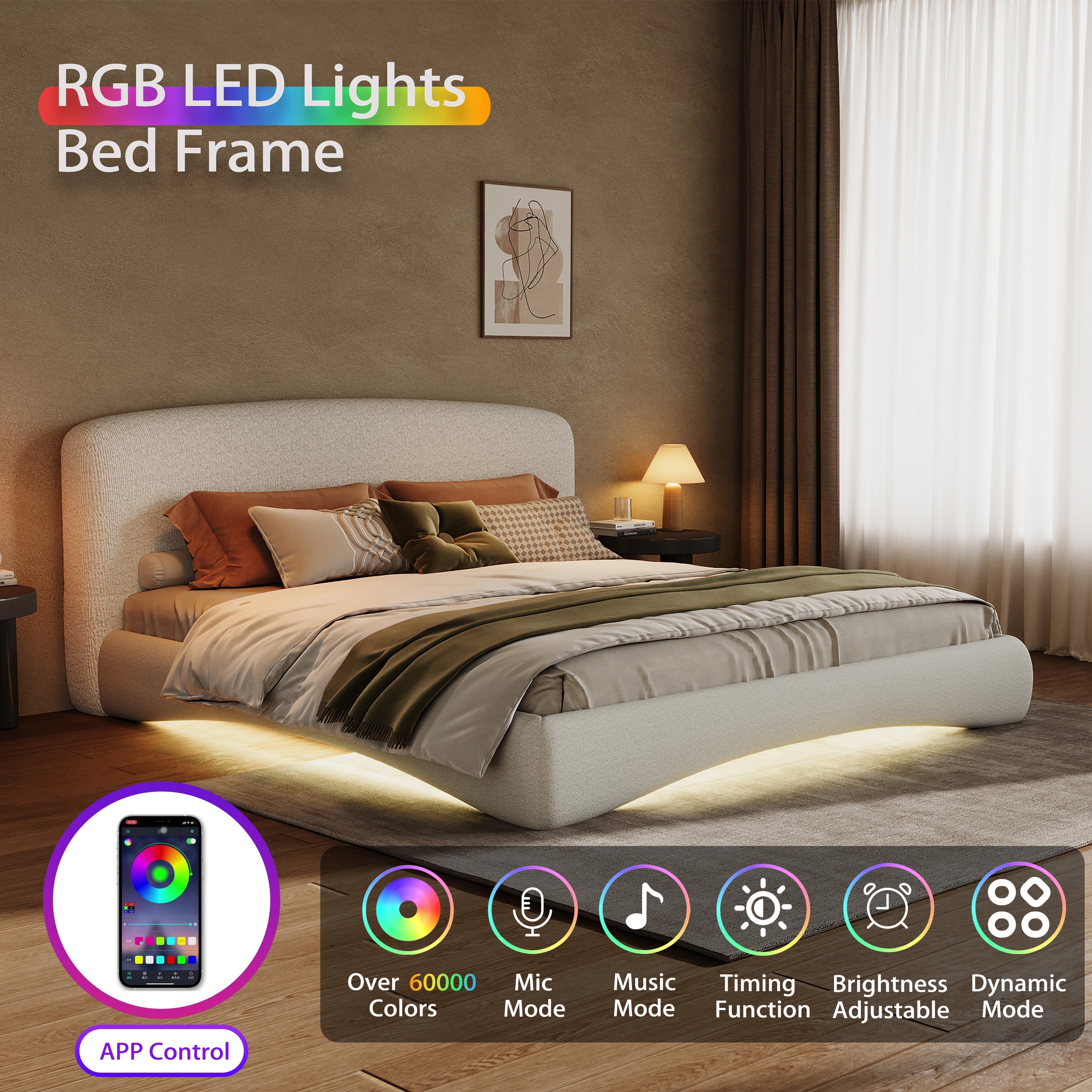 Curved Upholstered Bed with Smart Ambient Lighting