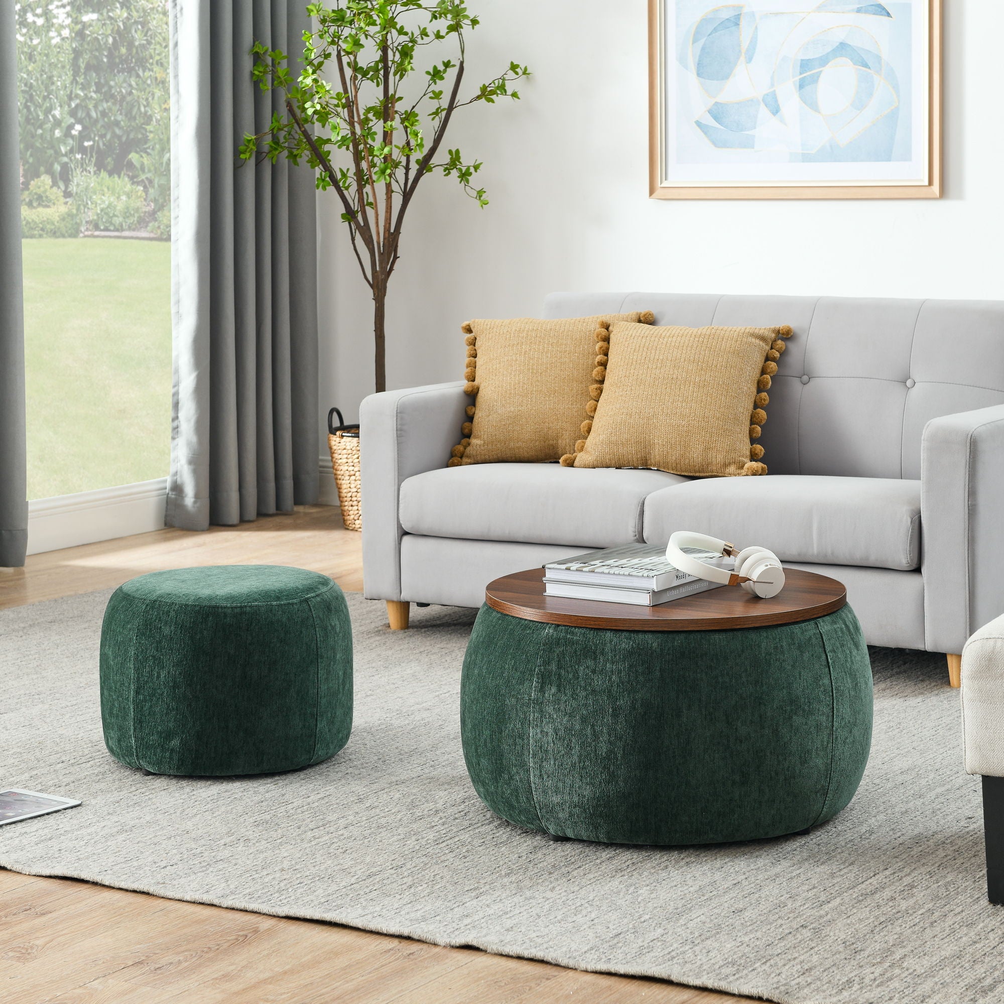 Round Storage Ottoman, 2 In 1 Function, End Table And Ottoman
