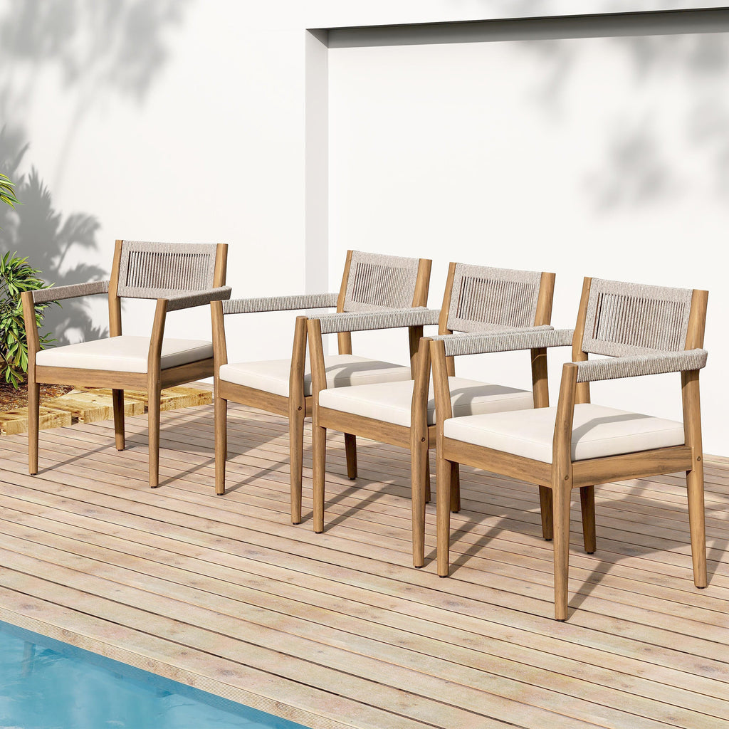 Braided Acacia Wood Outdoor Dining Chairs Set of 2 – Teak Look with Beige Rope & Cream Cushions