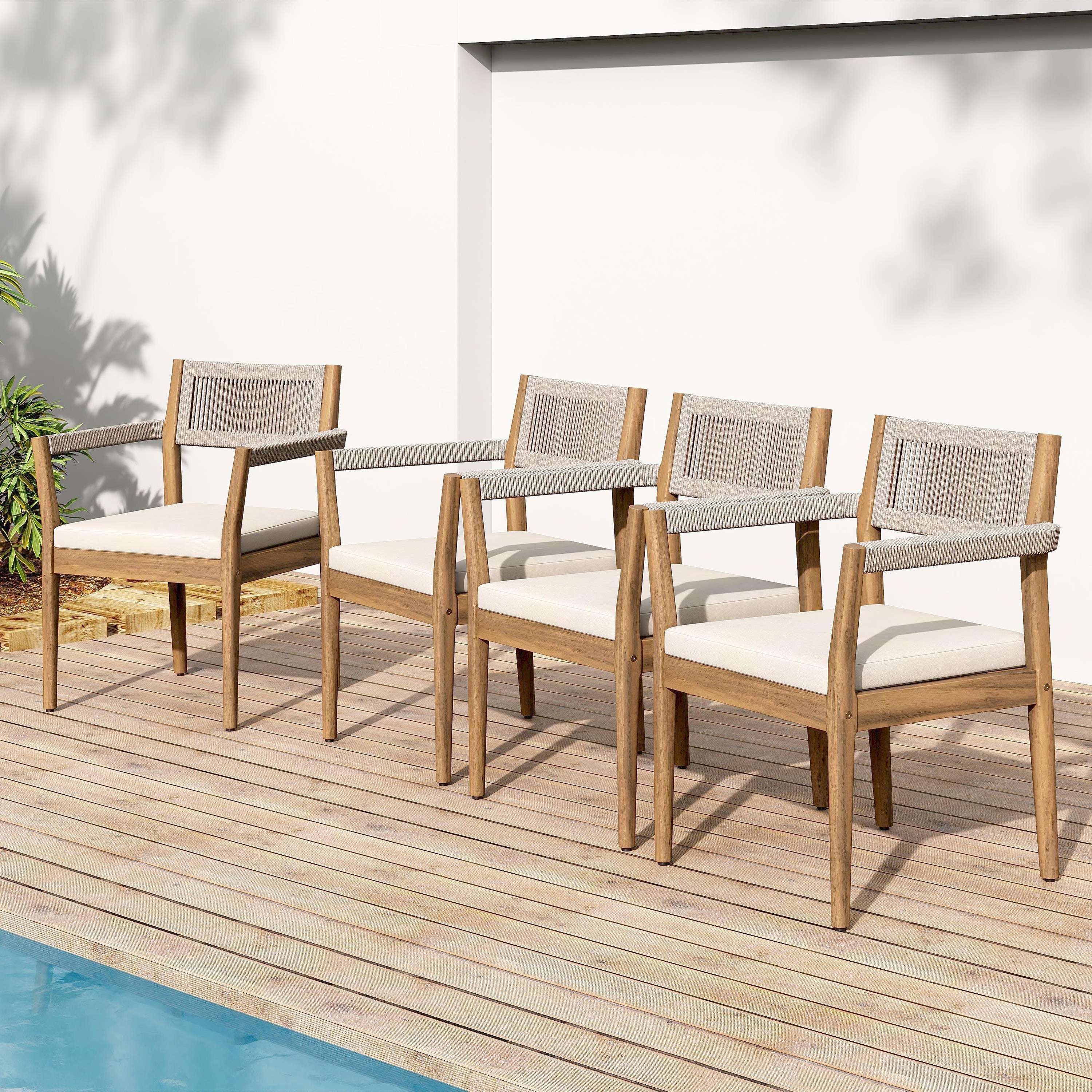Braided Acacia Wood Outdoor Dining Chairs Set of 2 – Teak Look with Beige Rope & Cream Cushions