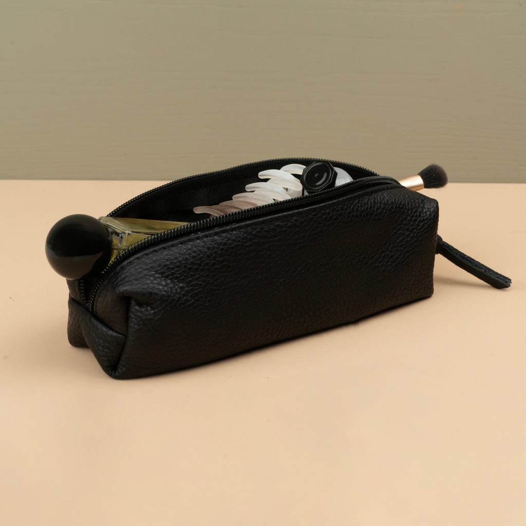 Aurora Leather Makeup Bag — Black
