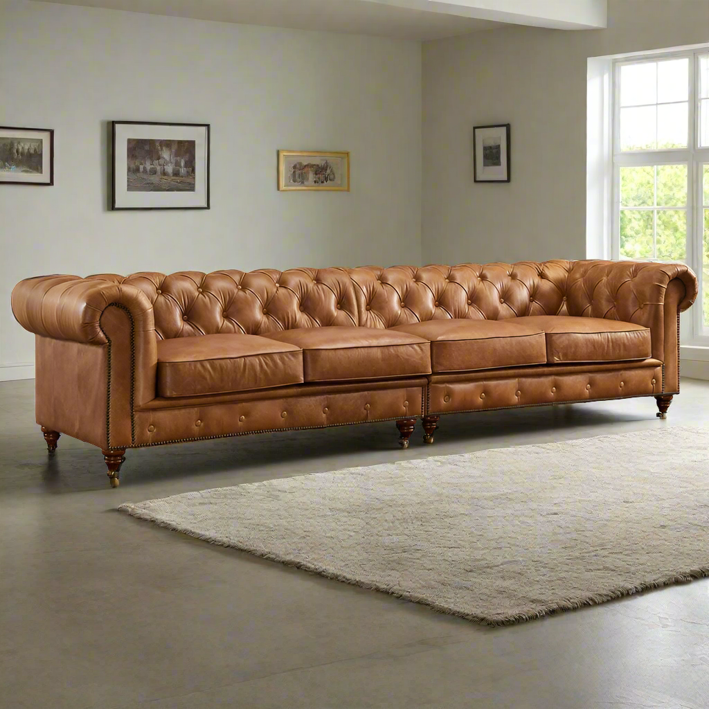 Preorder  Century Chesterfield Sofa - Light Brown Leather - 118"