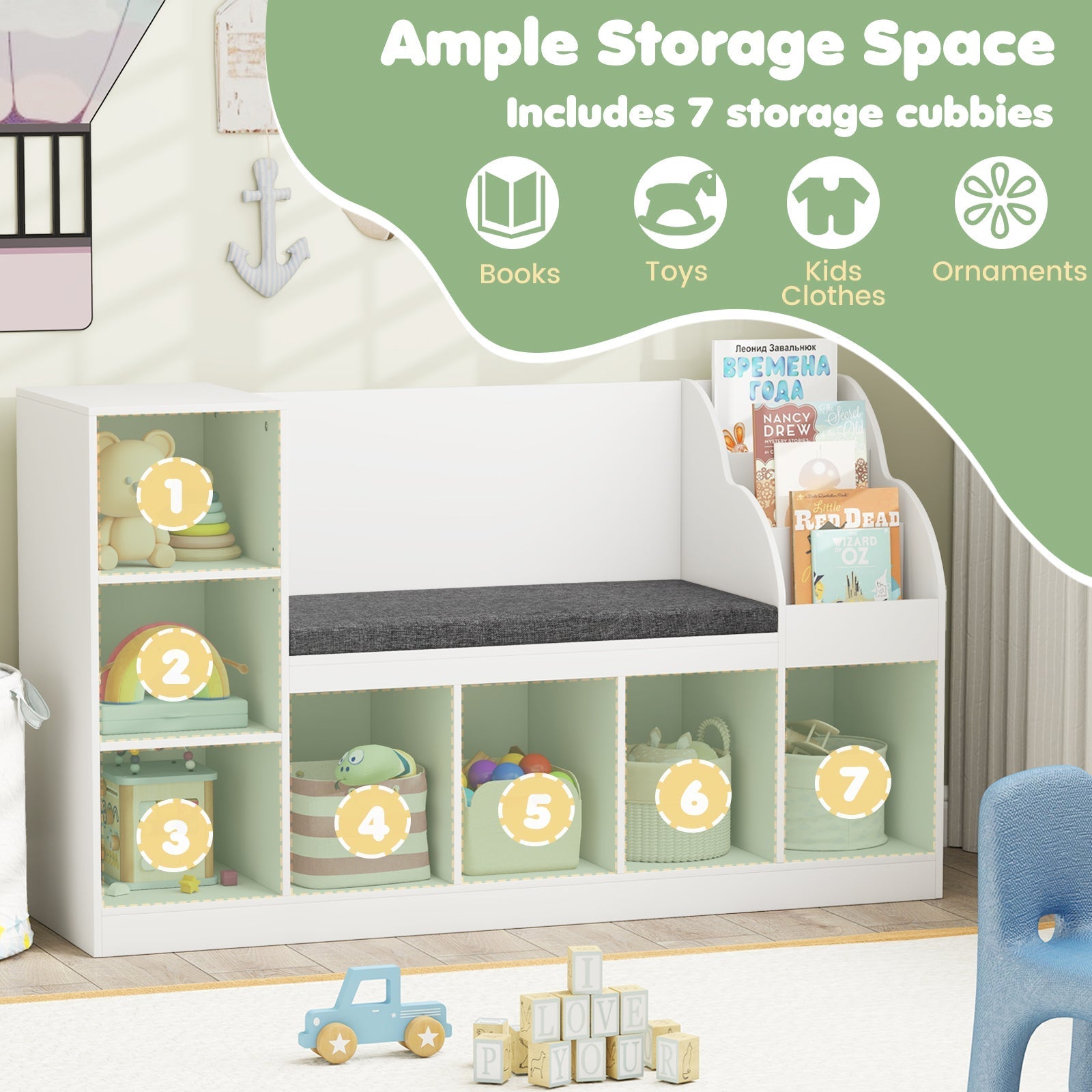 Kids Bookcase with Reading Nook 3-in-1 Standing Toy Organizer-White