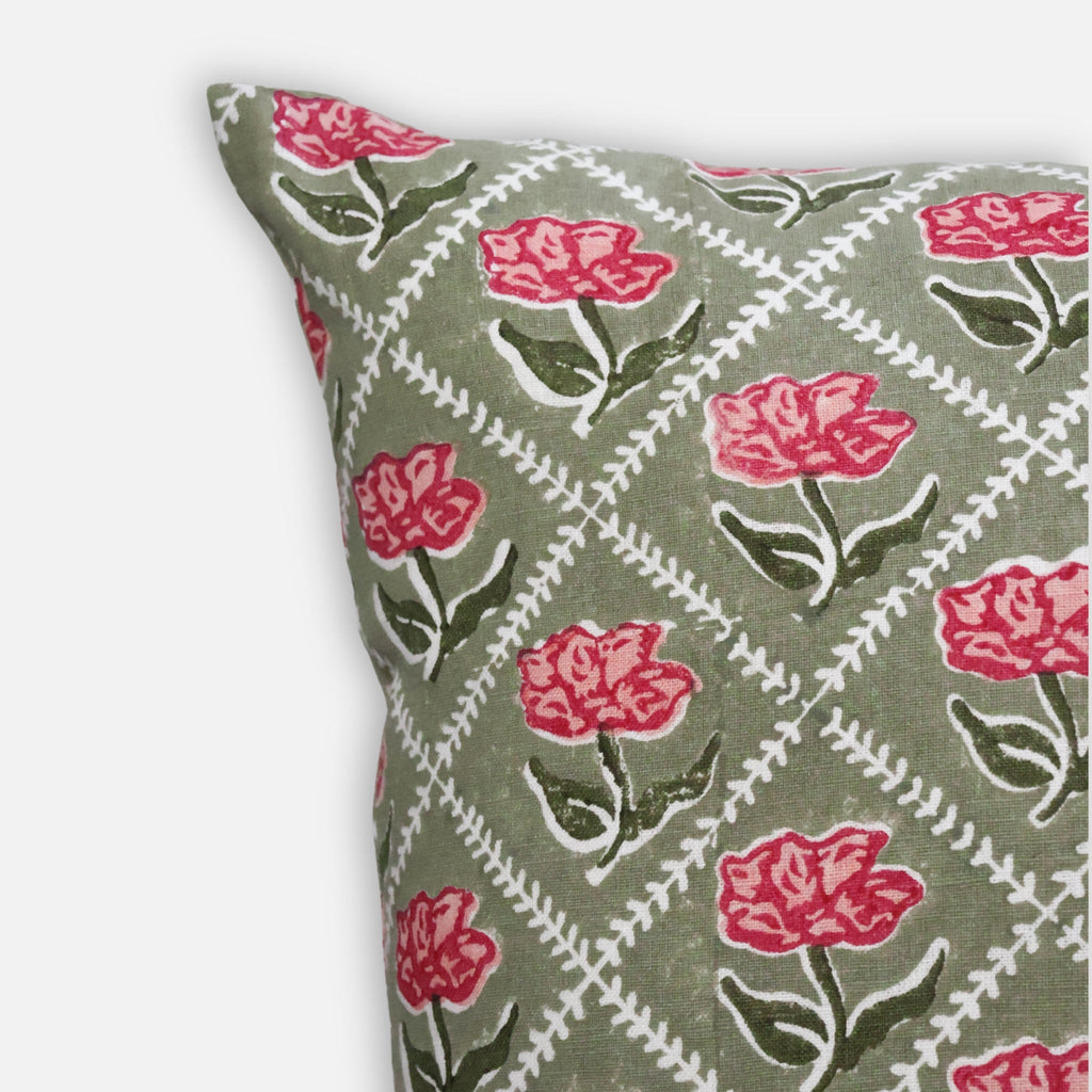 Noor Linen Pillow Cover — Olive & Pink