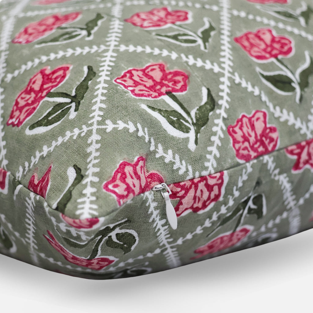 Noor Linen Pillow Cover — Olive & Pink