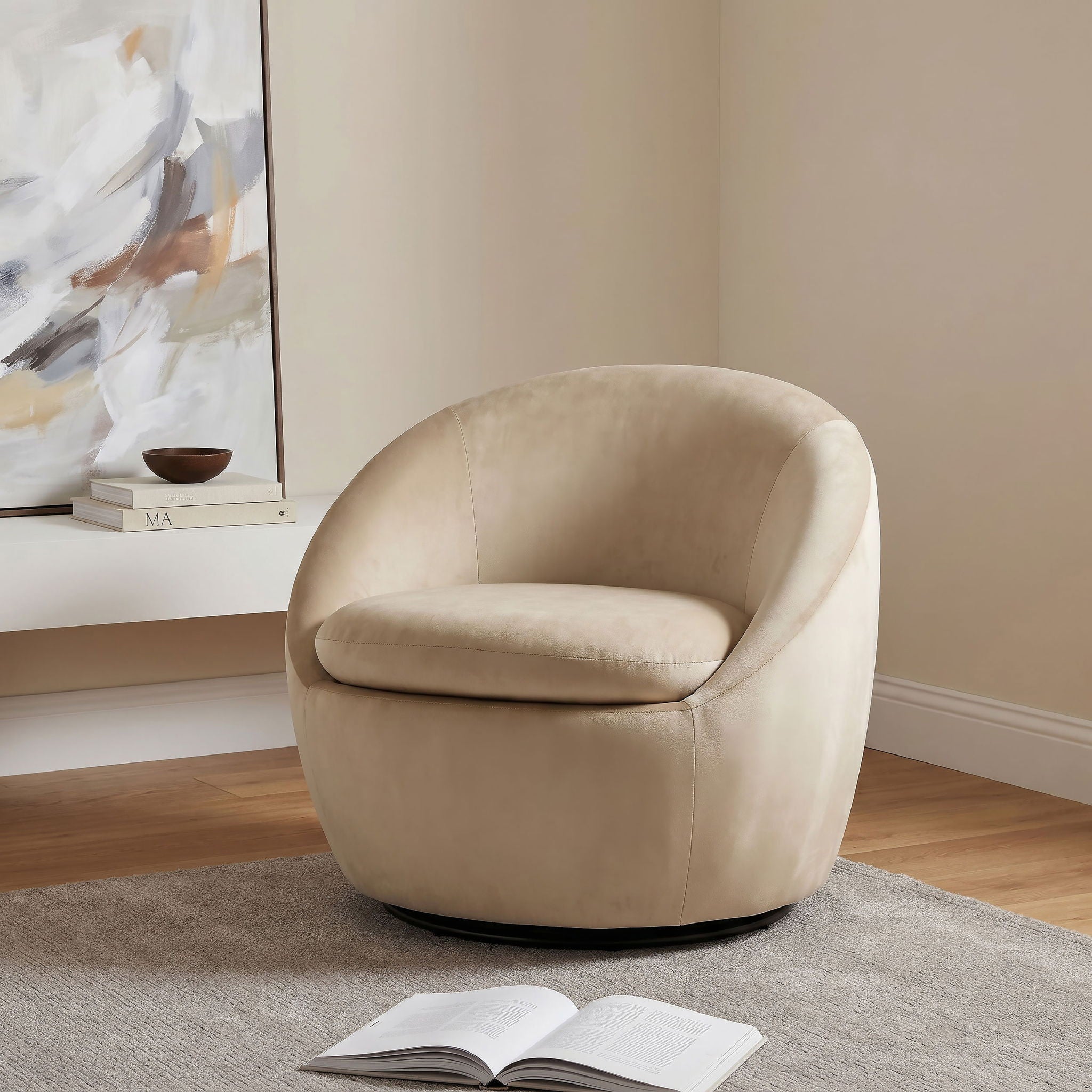 Sculptural Velvet Swivel Accent Chair — Camel