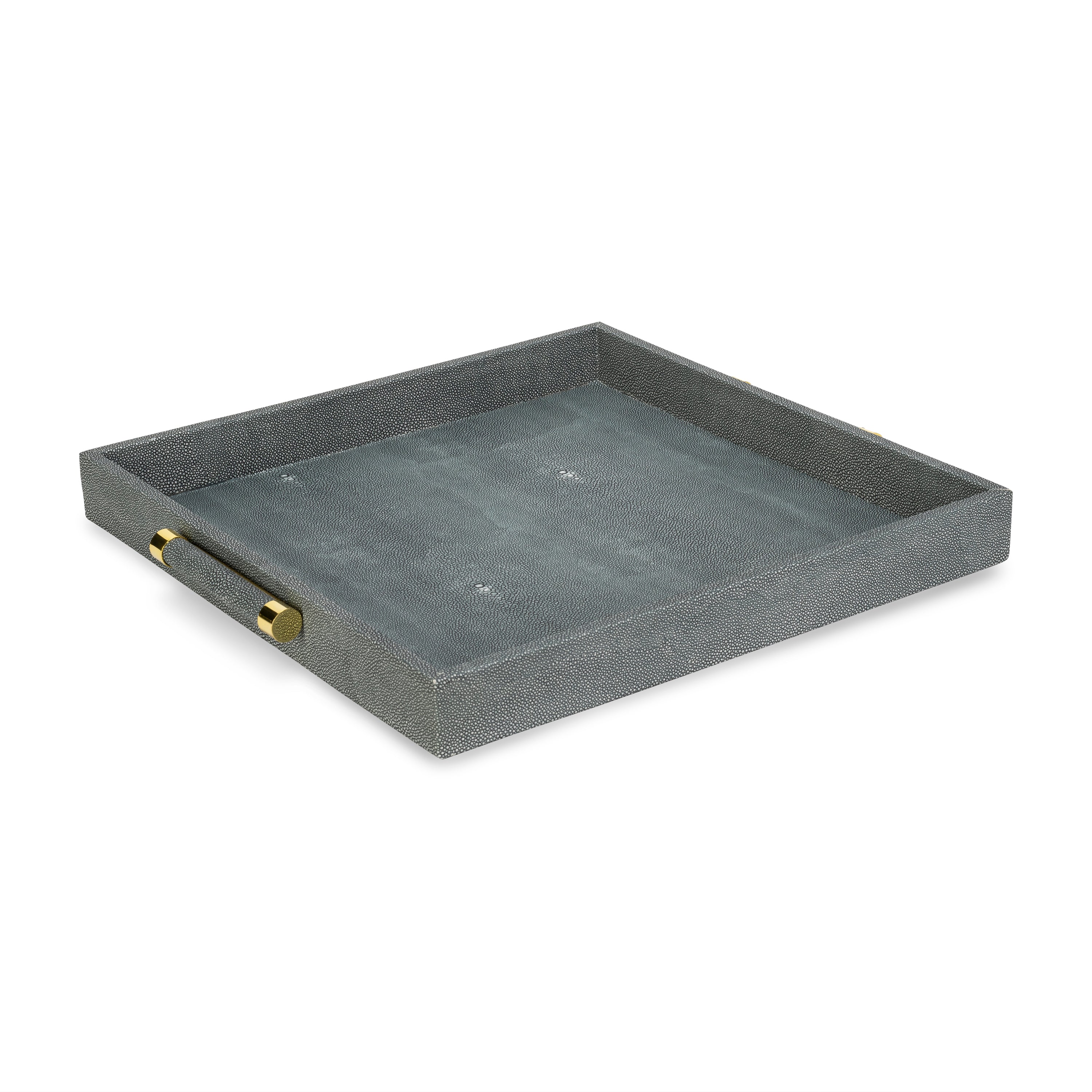 Grey Shagreen Tray Square with Gold Handles 18 X 18"