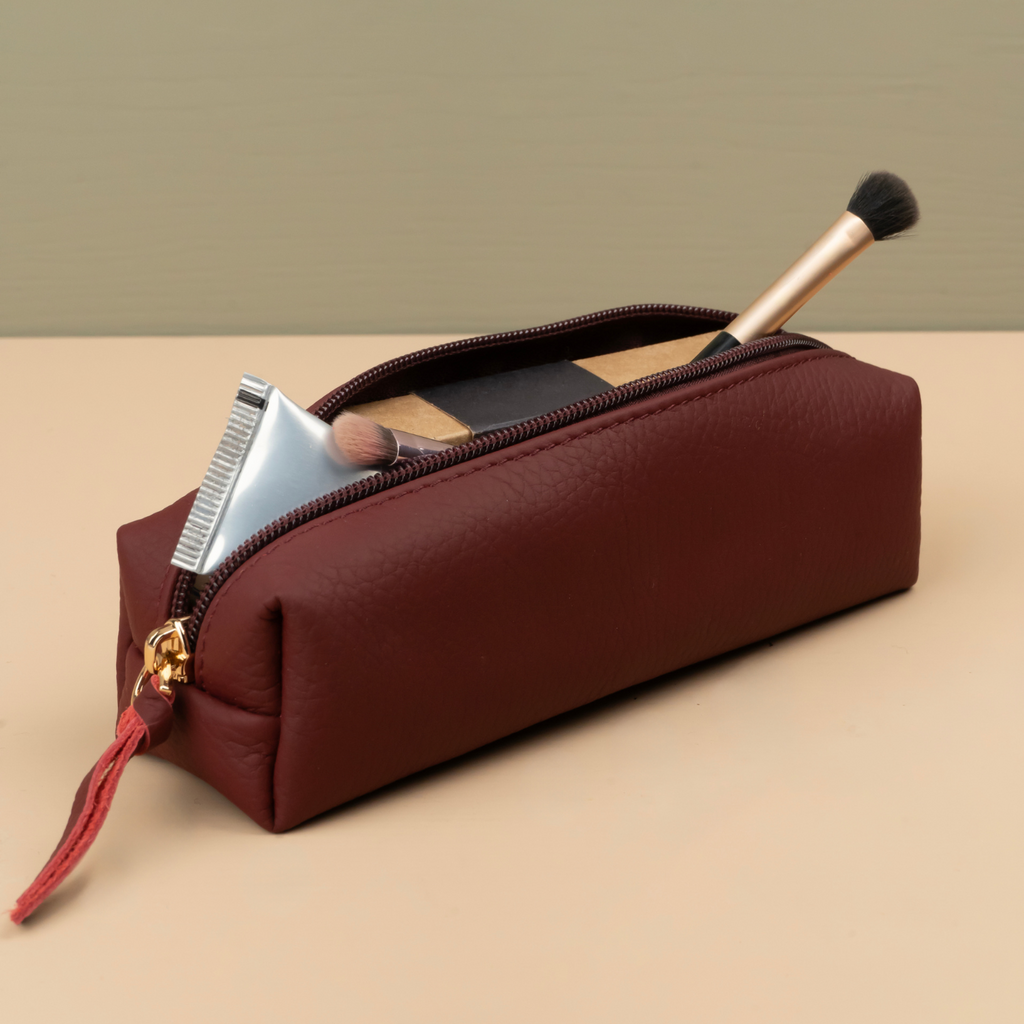 Aurora Leather Makeup Bag — Burgundy