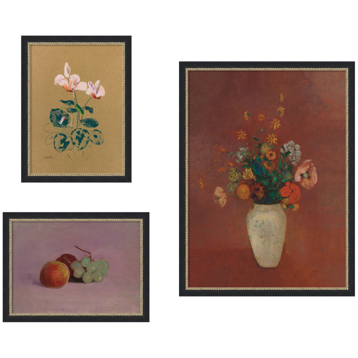 Cyclamen, Fruit & Chinese Vase — 3-Piece Framed Art Set