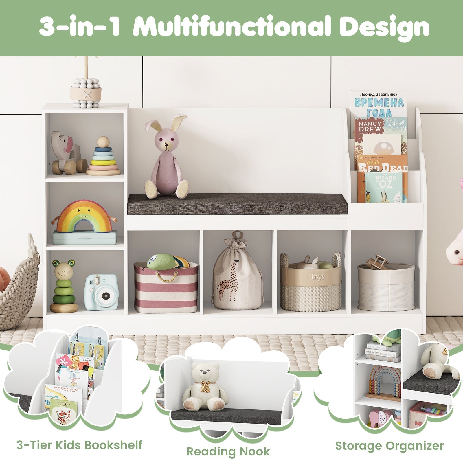 Kids Bookcase with Reading Nook 3-in-1 Standing Toy Organizer-White