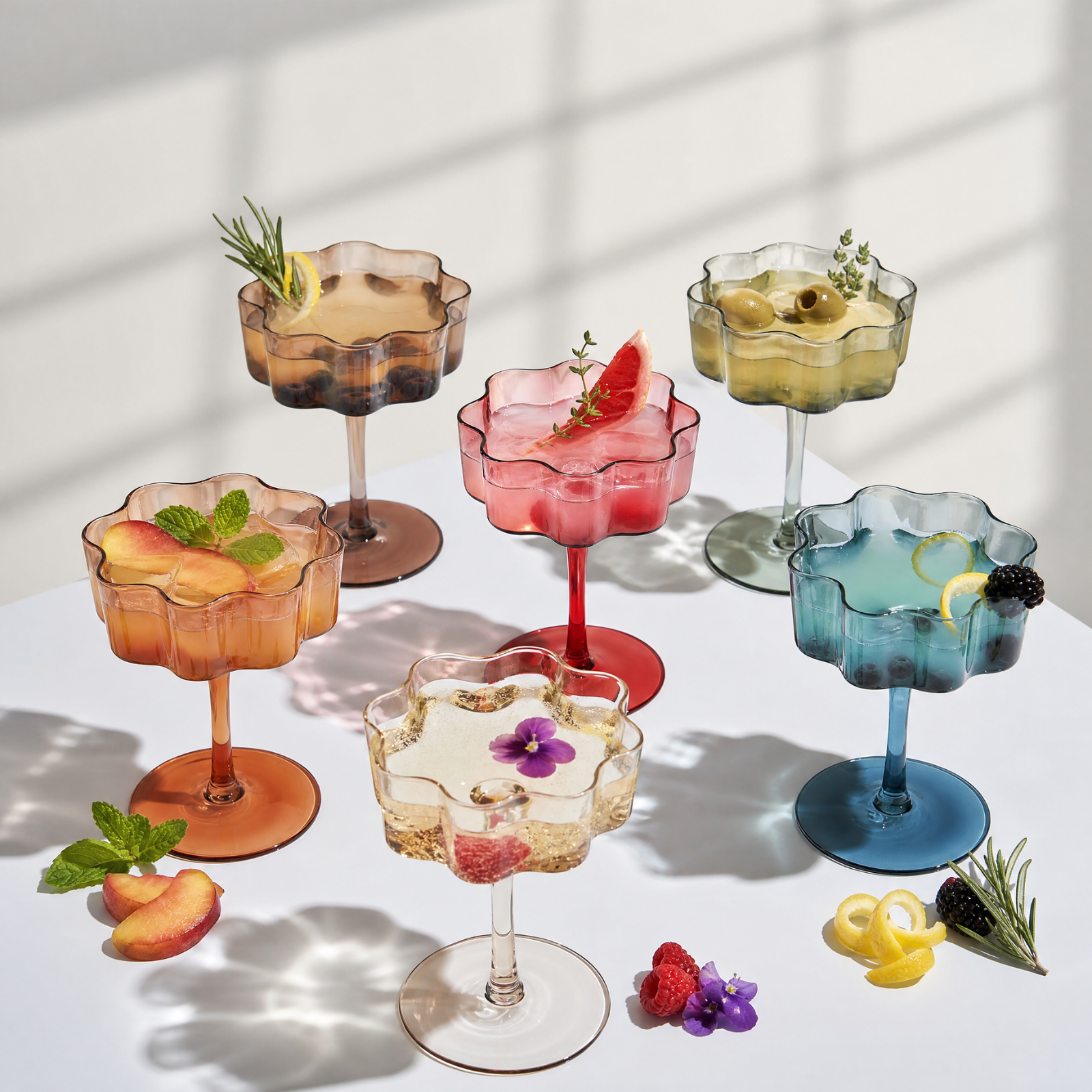 Flower Wave Coupe Cocktail Colored Glasses | Set of 6 | Muted Colors