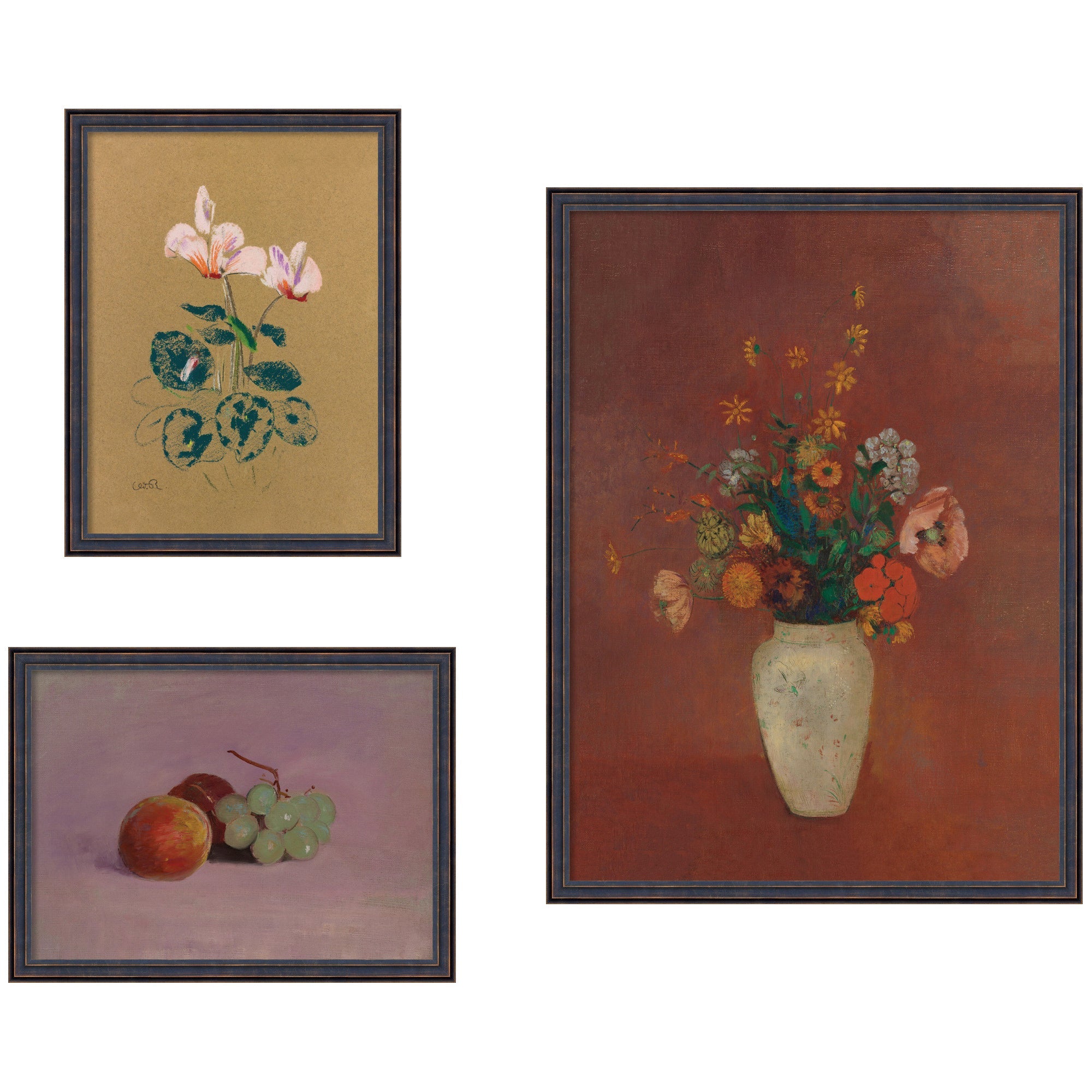 Cyclamen, Fruit & Chinese Vase — 3-Piece Framed Art Set