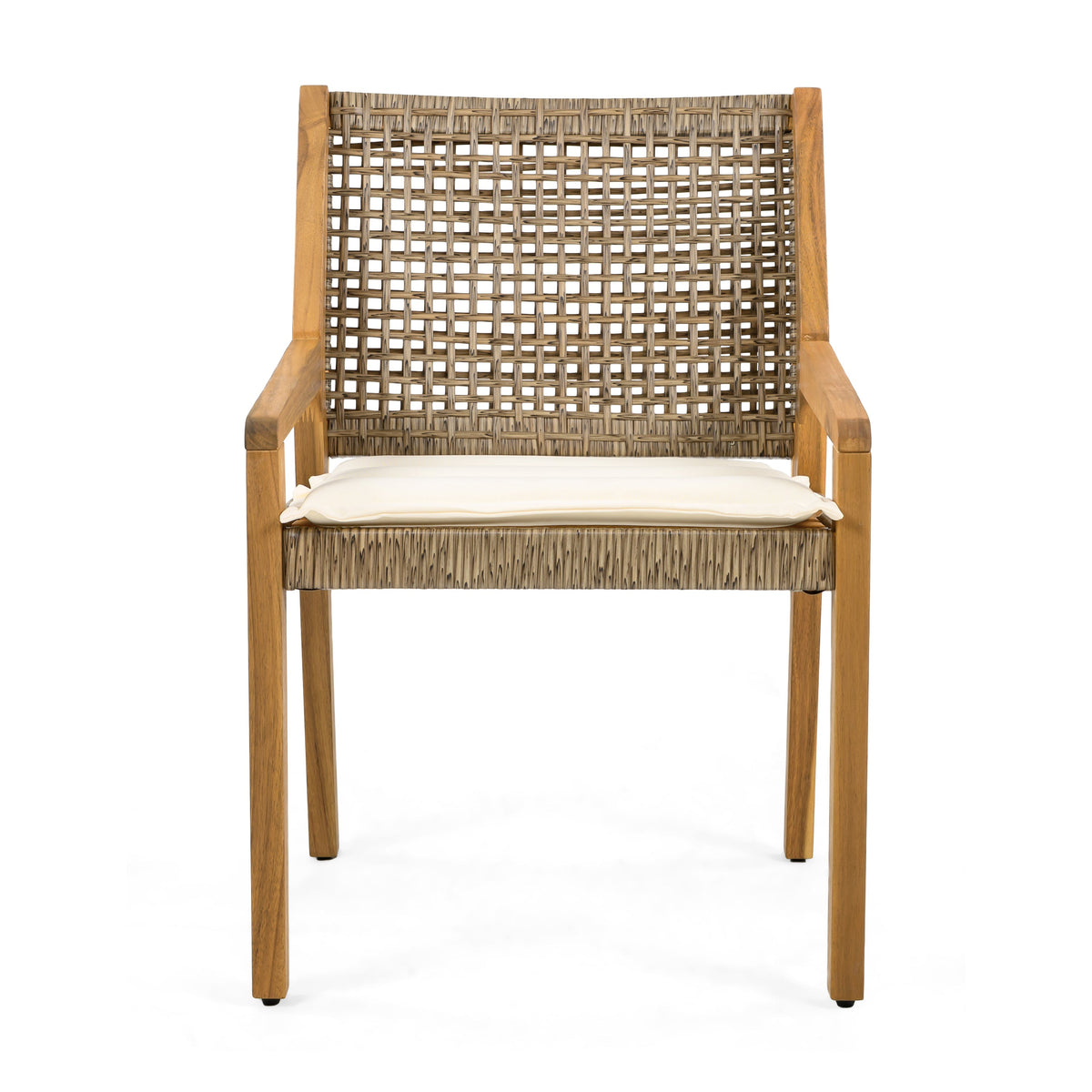 Outdoor Dining Chair Set of 4 - Acacia Wood and Wicker with Cream Cushion