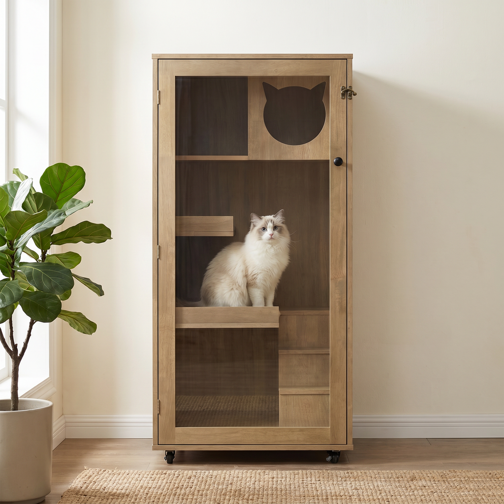 Basia Rubber Wood Cat Cabinet with Wheels