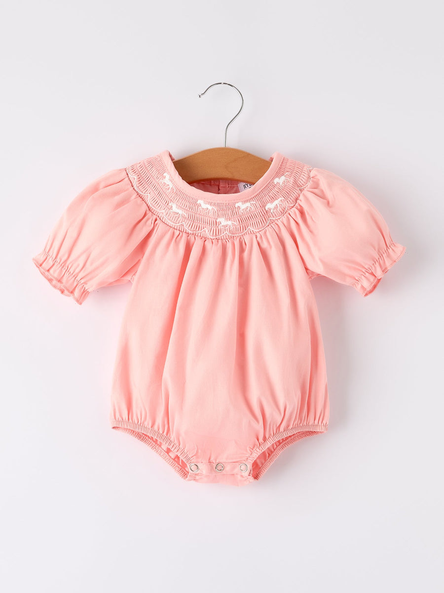 Coral Horse-Smocked Girls Romper