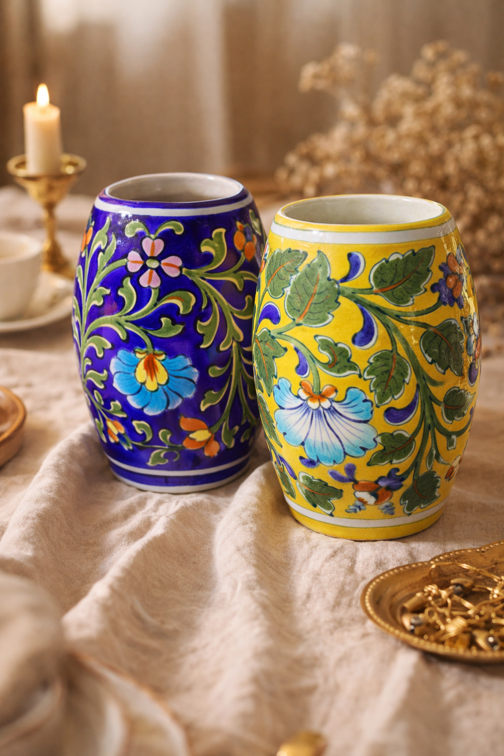 Handcrafted Blue Pottery Daisy Vase — Jaipur Hand-Painted