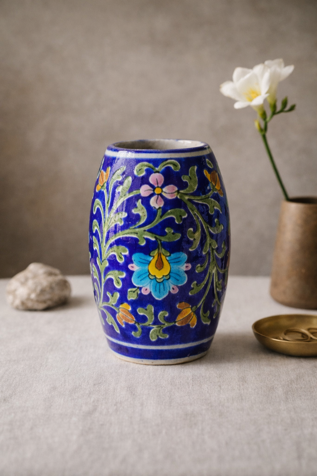 Handcrafted Blue Pottery Daisy Vase — Jaipur Hand-Painted