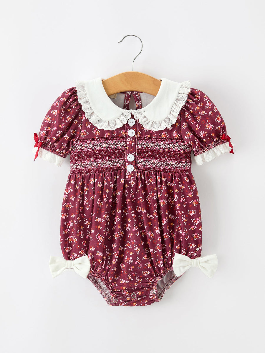 Burgundy Floral Smocked Baby Girl Romper