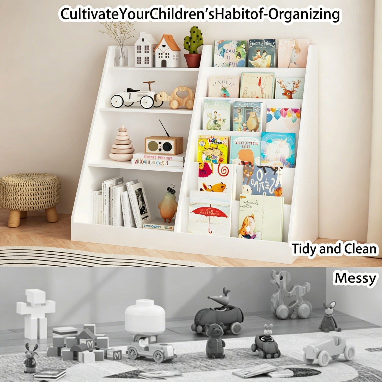 Kids Bookshelf with Toy Storage Organizer, 34.65" Wooden
