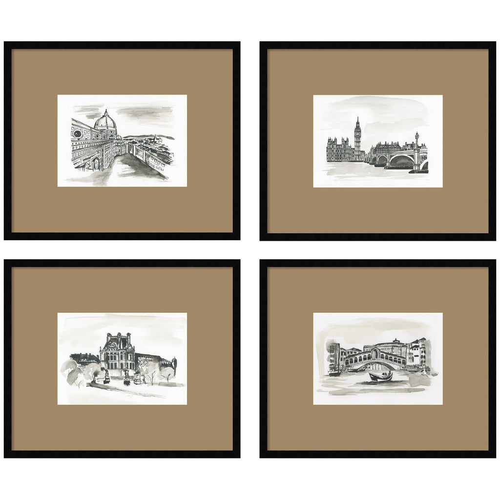 Vintage Europe with Brown Mat — 4-Piece Framed Art Set