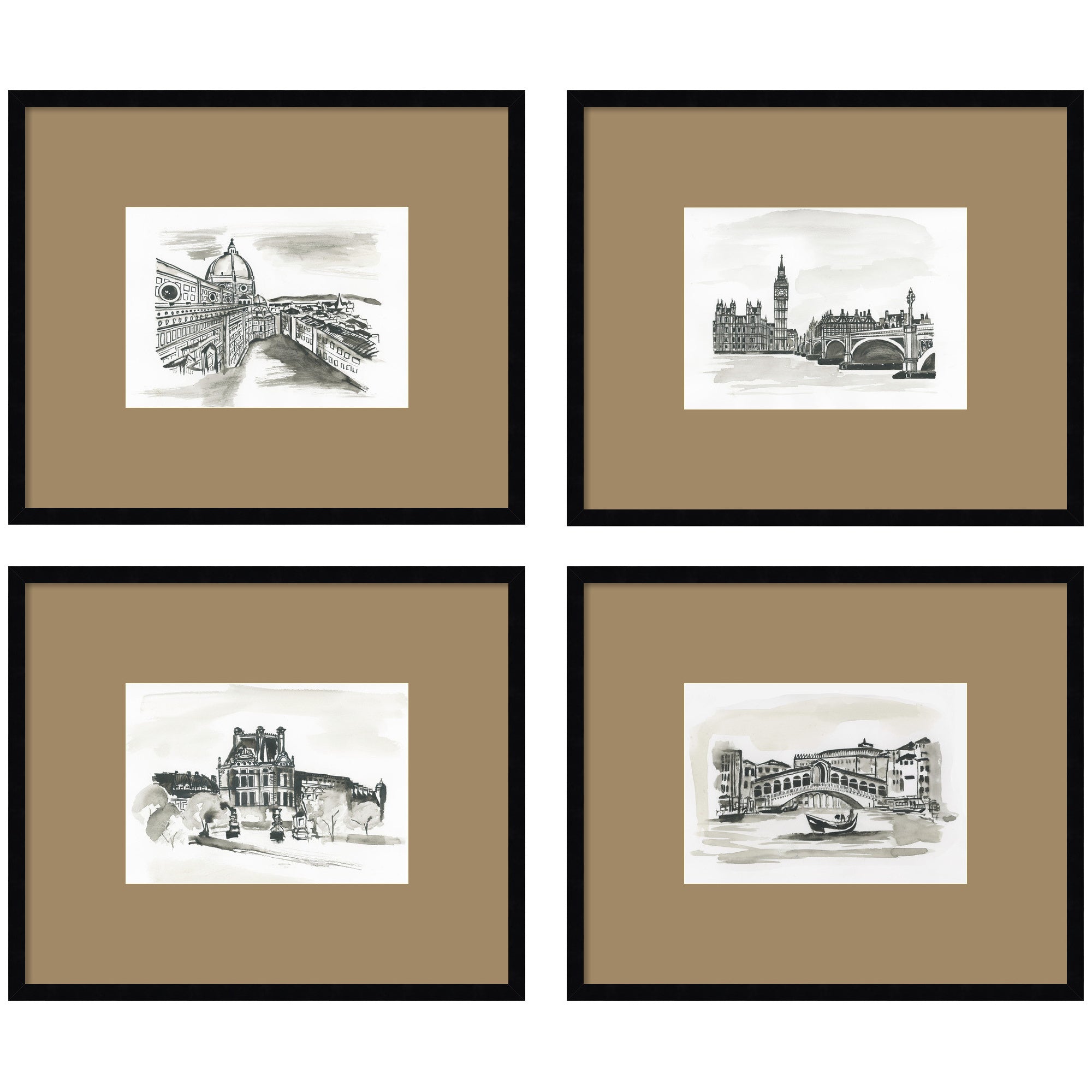 Vintage Europe with Brown Mat — 4-Piece Framed Art Set