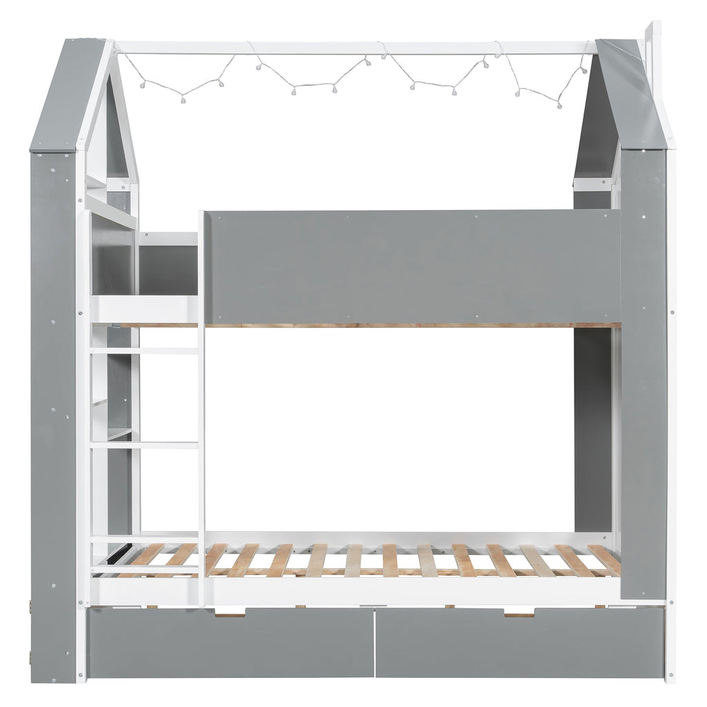 Full Size Bunk Bed with Storage Drawers & Shelves