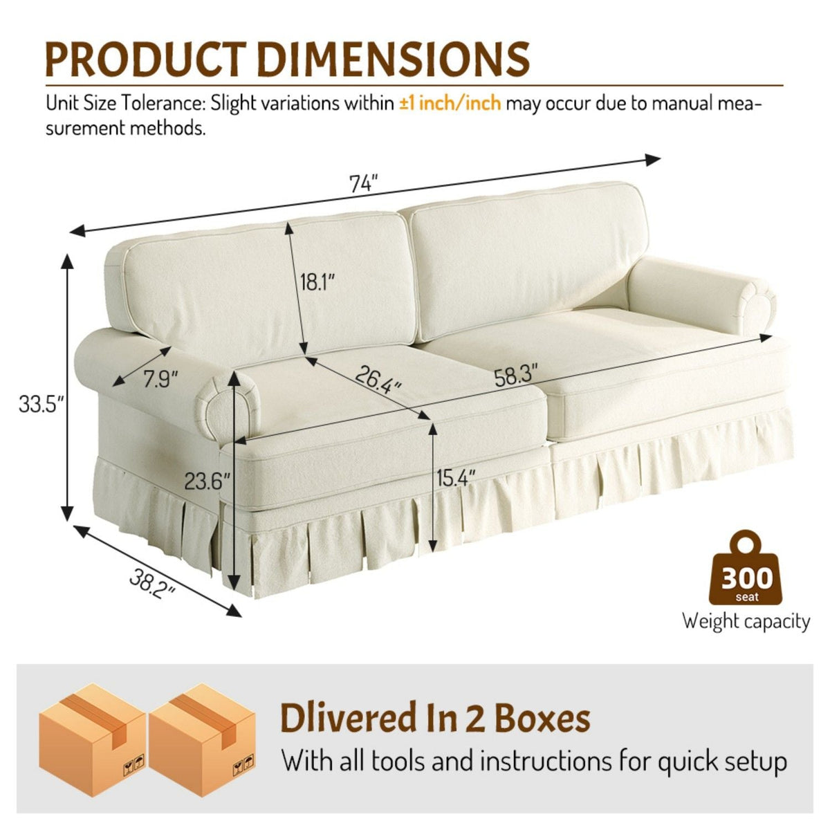 Rolled-Arm Cloud Sofa with Pleated Skirt