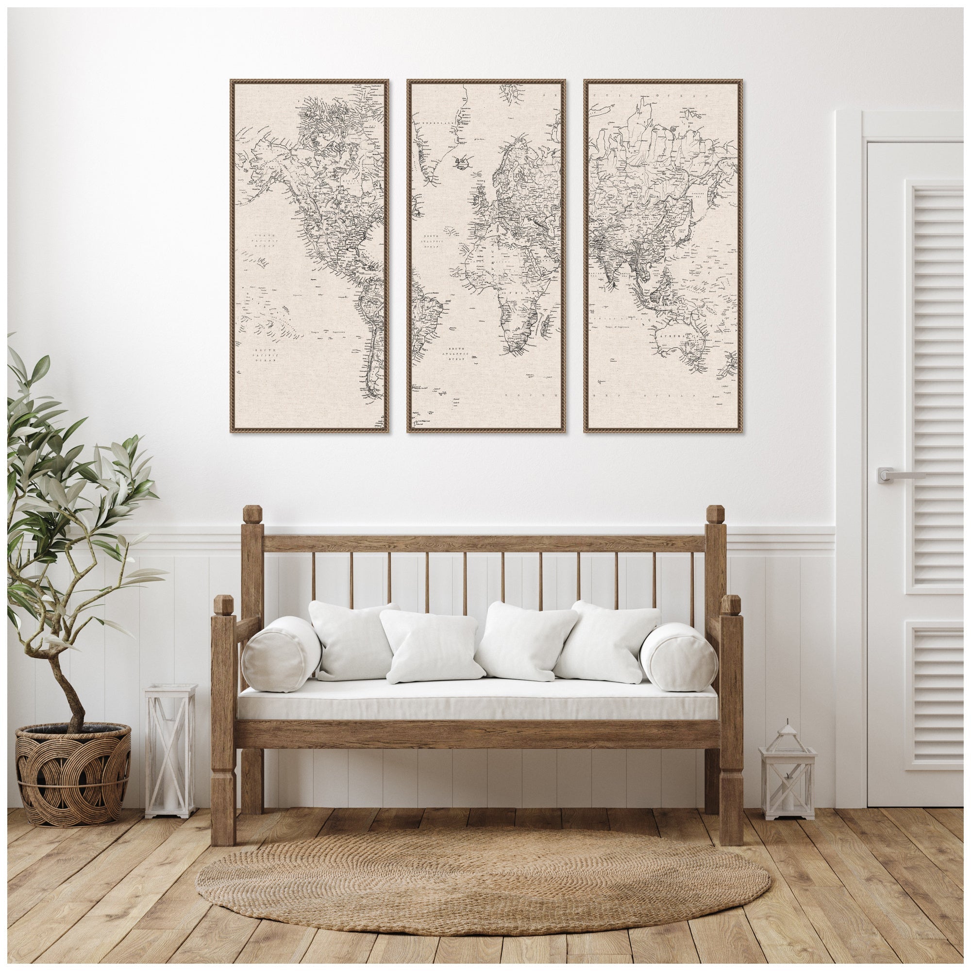 Vintage Black and White World Map Linen 3 Piece Framed Canvas Wall Art Set by The Creative Bunch Studio
