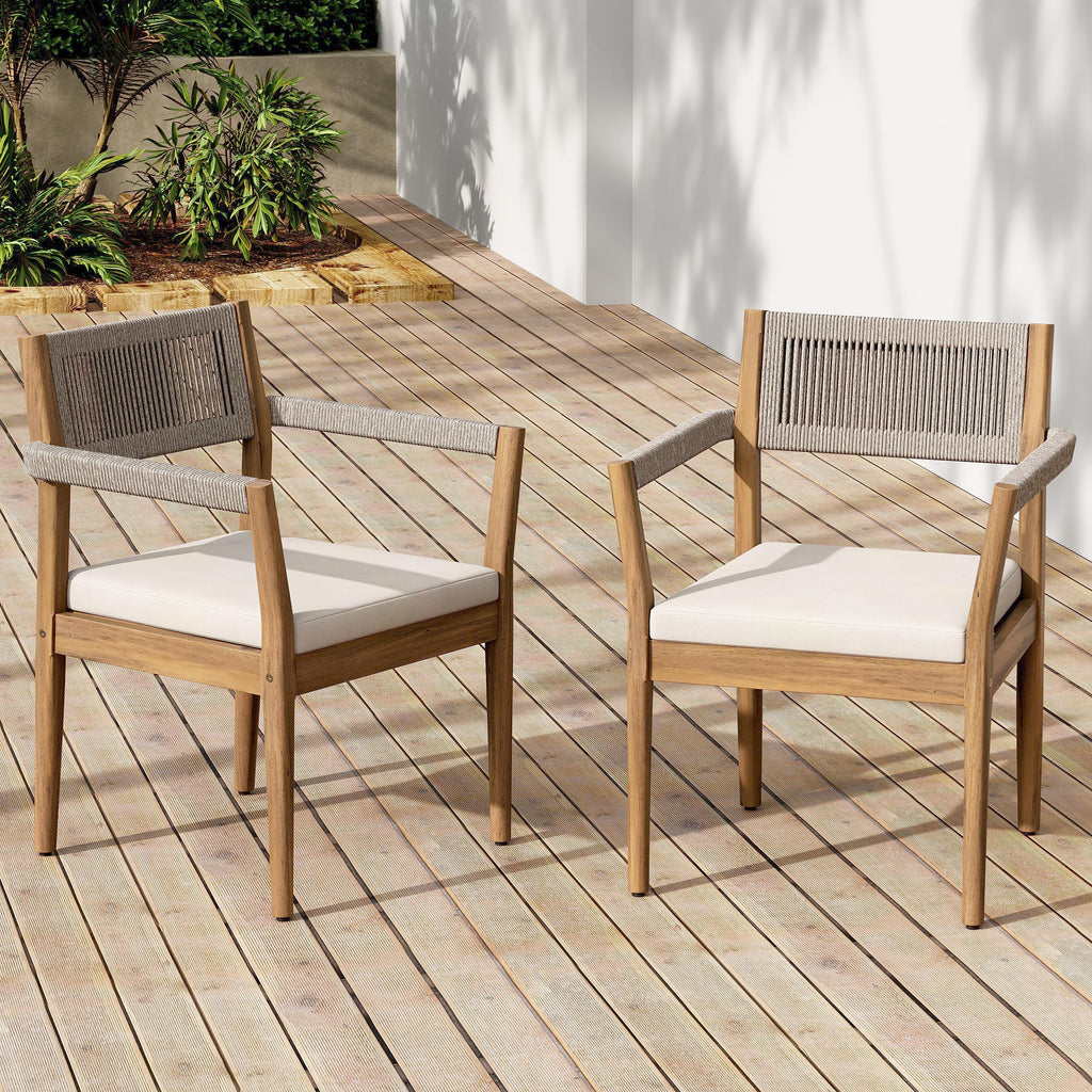 Braided Acacia Wood Outdoor Dining Chairs Set of 4 – Teak Look with Beige Rope & Cream Cushions