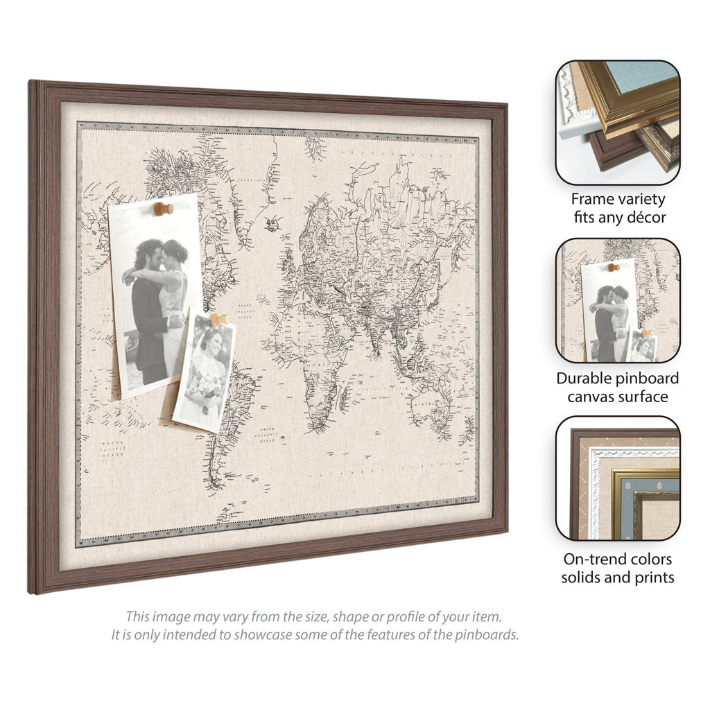 Framed Fabric Pinboard Vintage Black and White Linen World Map Wall Organization
